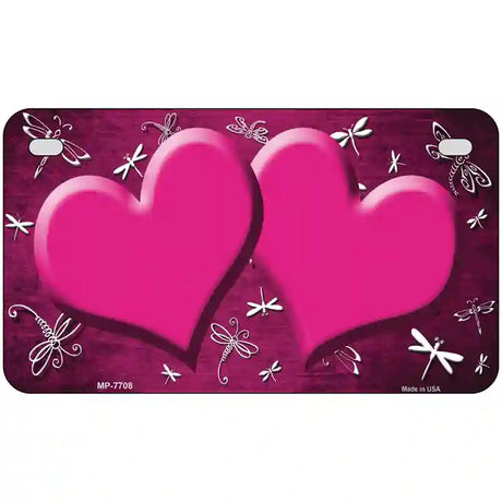 Pink White Dragonfly Hearts Oil Rubbed Metal Novelty License Plate 7" x 4" (MP)