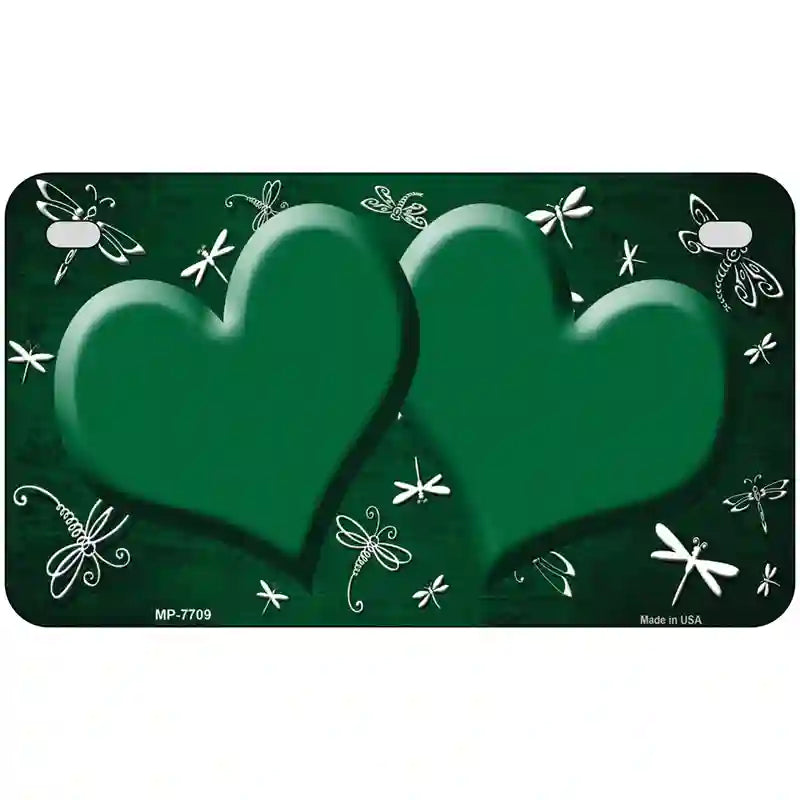 Green White Dragonfly Hearts Oil Rubbed Metal Novelty License Plate 7" x 4" (MP)