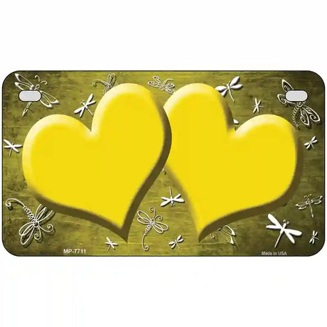 Yellow White Dragonfly Hearts Oil Rubbed Metal Novelty License Plate 7" x 4" (MP)