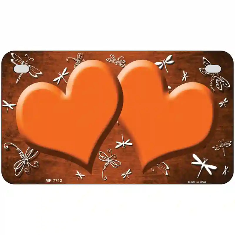 Orange White Dragonfly Hearts Oil Rubbed Metal Novelty License Plate 7" x 4" (MP)