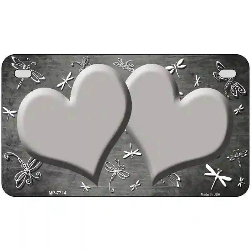 Gray White Dragonfly Hearts Oil Rubbed Metal Novelty License Plate 7" x 4" (MP)