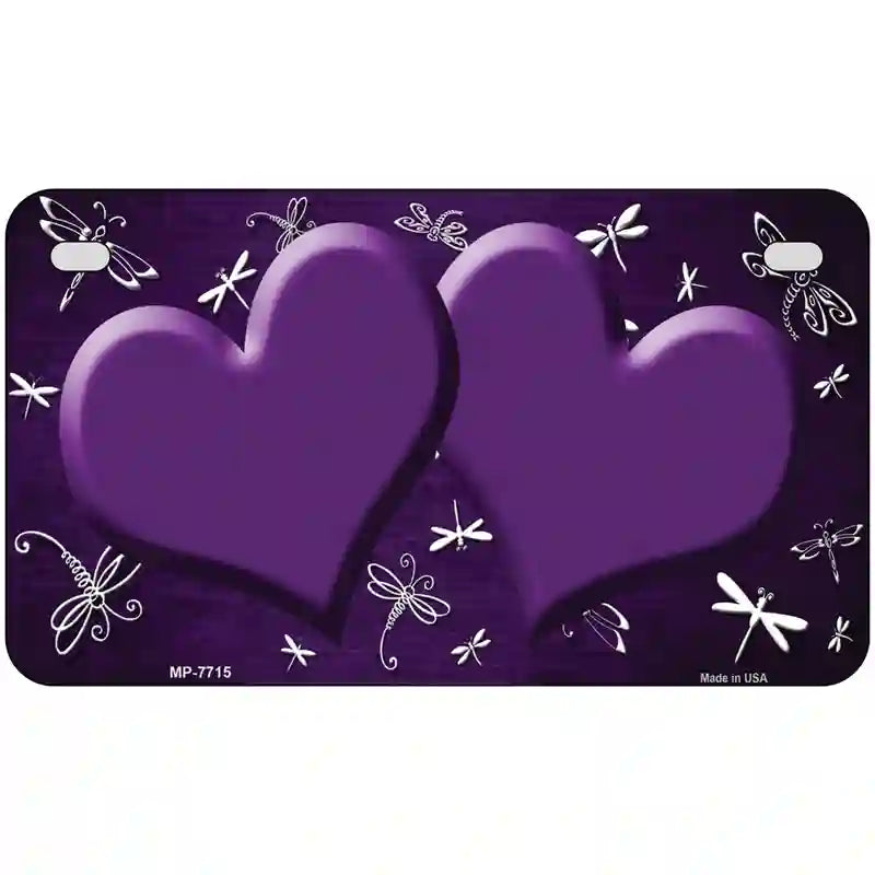 Purple White Dragonfly Hearts Oil Rubbed Metal Novelty License Plate 7" x 4" (MP)