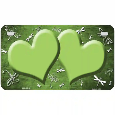 Lime Green White Dragonfly Hearts Oil Rubbed Metal Novelty License Plate 7" x 4" (MP)