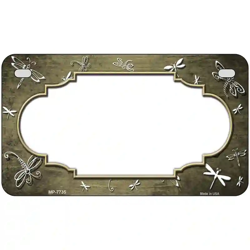 Gold White Dragonfly Scallop Oil Rubbed Metal Novelty License Plate 7" x 4" (MP)