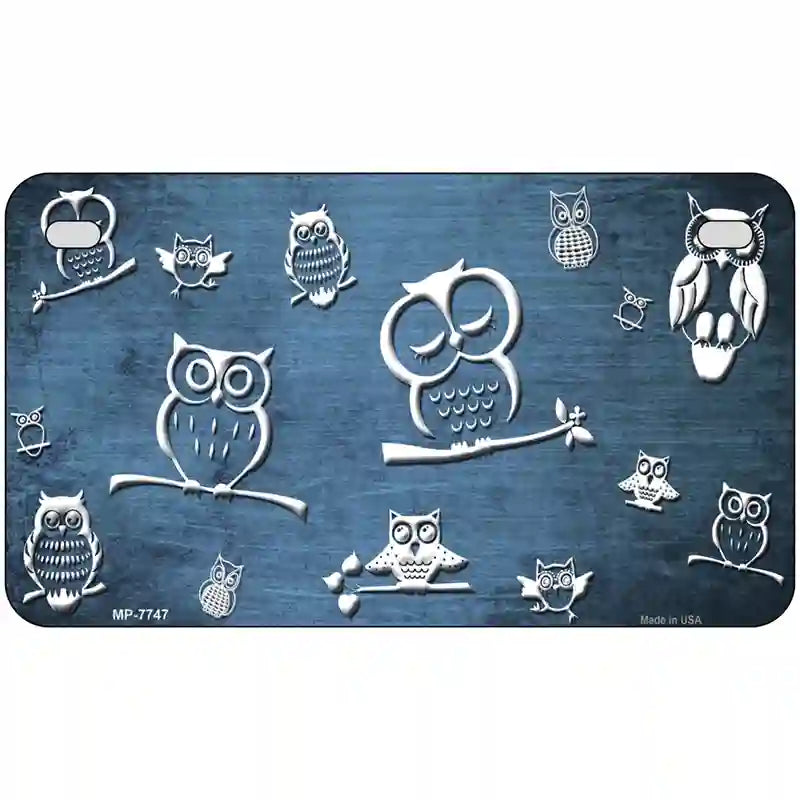 Light Blue White Owl Oil Rubbed Metal Novelty License Plate 7" x 4" (MP)