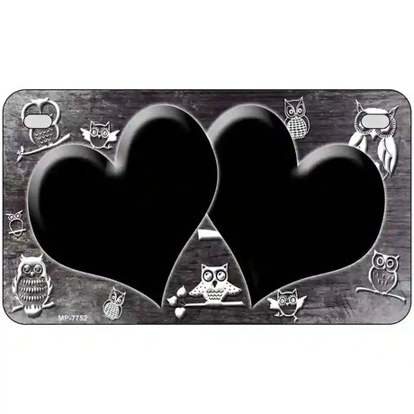 Black White Owl Hearts Oil Rubbed Metal Novelty License Plate 7" x 4" (MP)