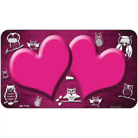 Pink White Owl Hearts Oil Rubbed Metal Novelty License Plate 7" x 4" (MP)