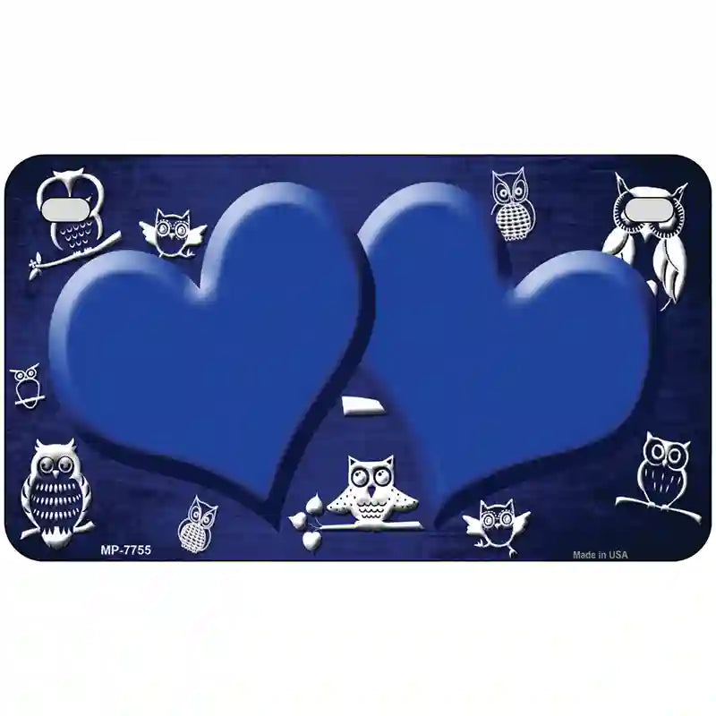 Blue White Owl Hearts Oil Rubbed Metal Novelty License Plate 7" x 4" (MP)