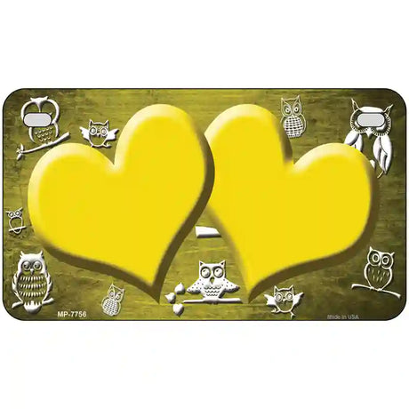 Yellow White Owl Hearts Oil Rubbed Metal Novelty License Plate 7" x 4" (MP)