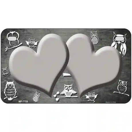 Gray White Owl Hearts Oil Rubbed Metal Novelty License Plate 7" x 4" (MP)