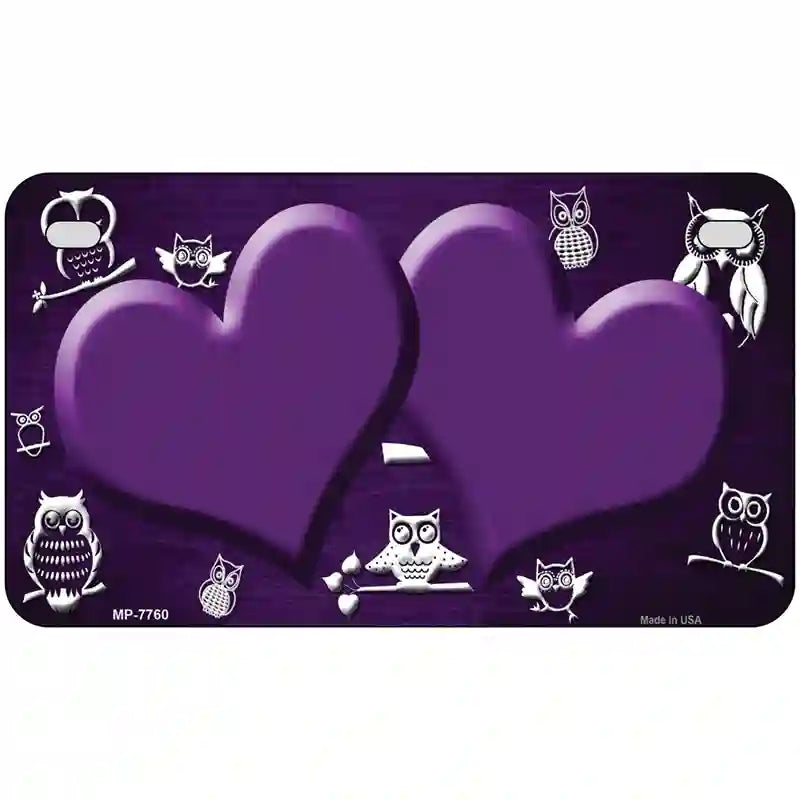 Purple White Owl Hearts Oil Rubbed Metal Novelty License Plate 7" x 4" (MP)