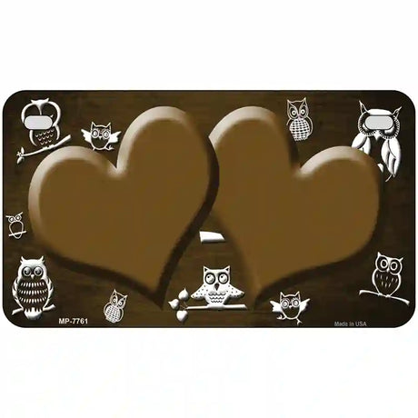 Brown White Owl Hearts Oil Rubbed Metal Novelty License Plate 7" x 4" (MP)