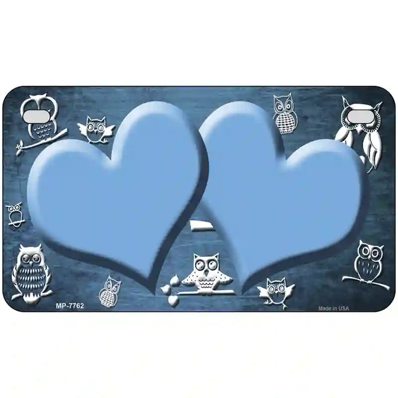 Light Blue White Owl Hearts Oil Rubbed Metal Novelty License Plate 7" x 4" (MP)