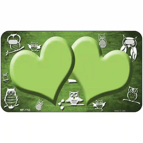 Lime Green White Owl Hearts Oil Rubbed Metal Novelty License Plate 7" x 4" (MP)