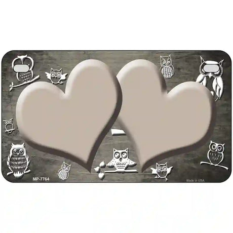 Tan White Owl Hearts Oil Rubbed Metal Novelty License Plate 7" x 4" (MP)