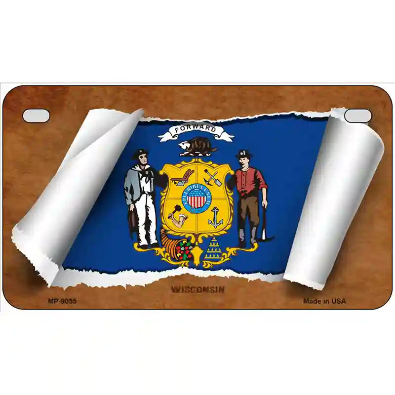 Wisconsin Flag Scroll Metal Novelty License Plate 7" x 4" (MP)