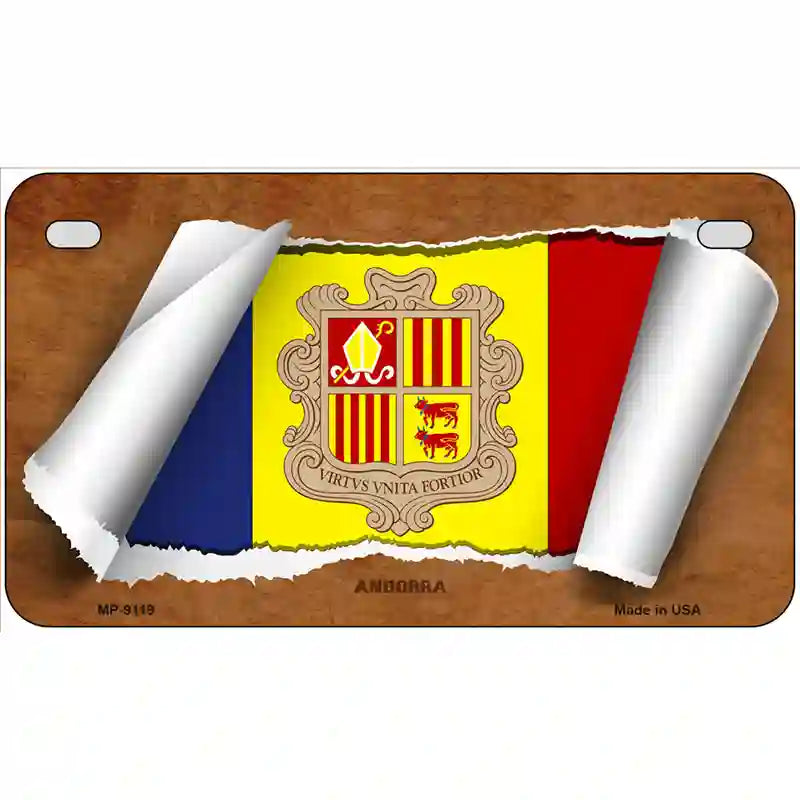 Andorra Flag Scroll Metal Novelty License Plate 7" x 4" (MP)