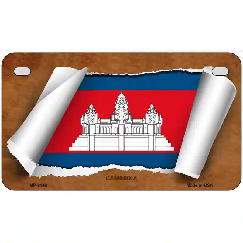 Cambodia Flag Scroll Metal Novelty License Plate 7" x 4" (MP)