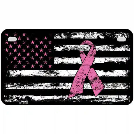 Vintage American Flag Pink Ribbon Novelty Metal License Plate 7" x 4" (MP)