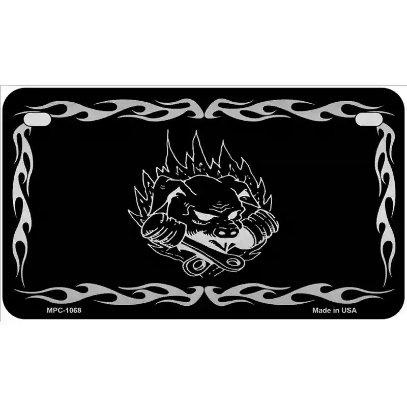 Pig In Flames Black Brushed Chrome Novelty Metal License Plate 7" x 4" (MP)