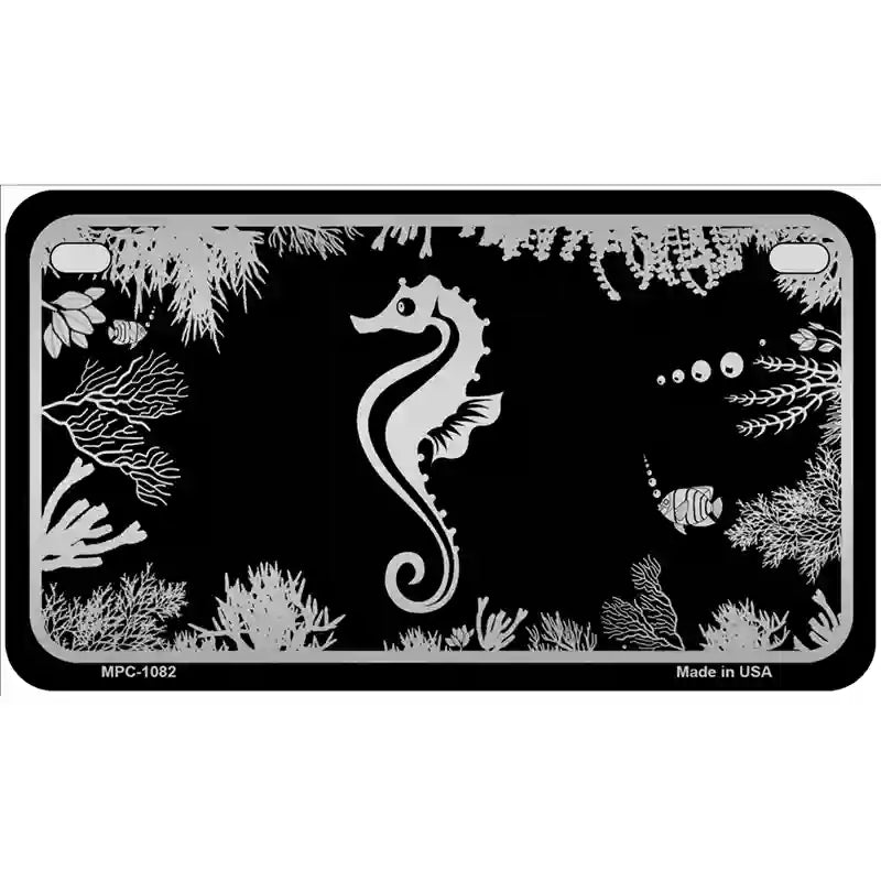 Sea Horse Black Brushed Chrome Novelty Metal License Plate 7" x 4" (MP)