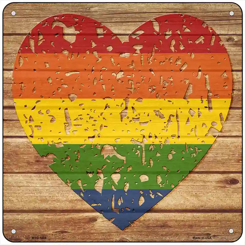 Distressed Heart Rainbow Novelty Metal Square Sign 6" (MSQ)