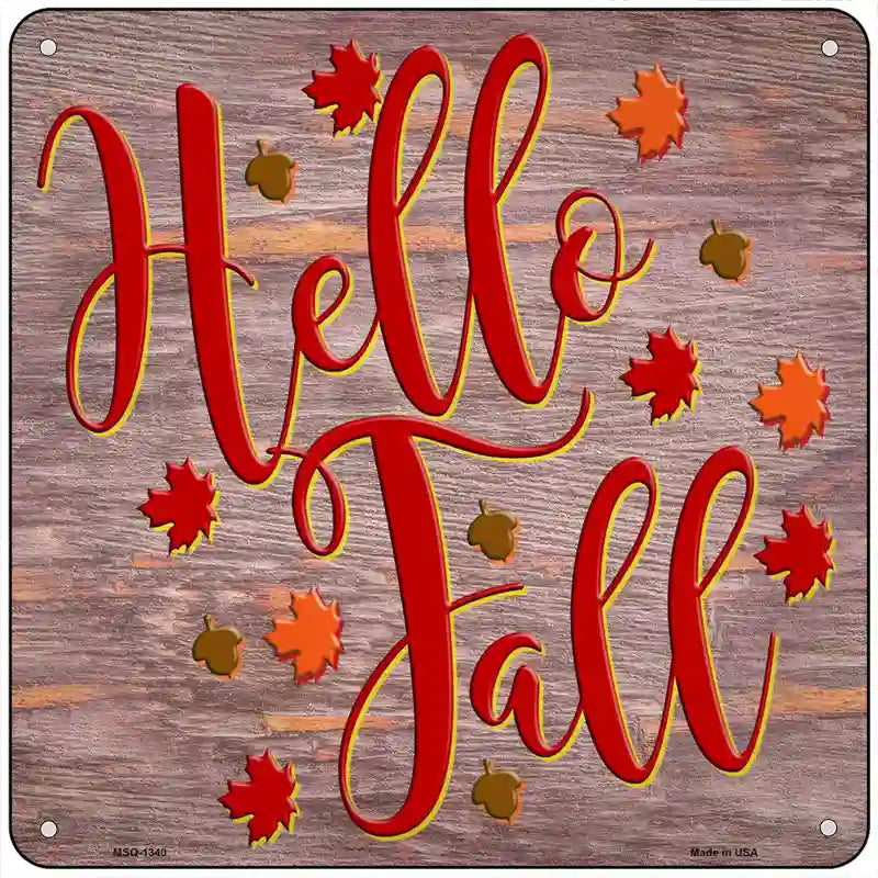 Hello Fall Purple Novelty Metal Square Sign 6" (MSQ)