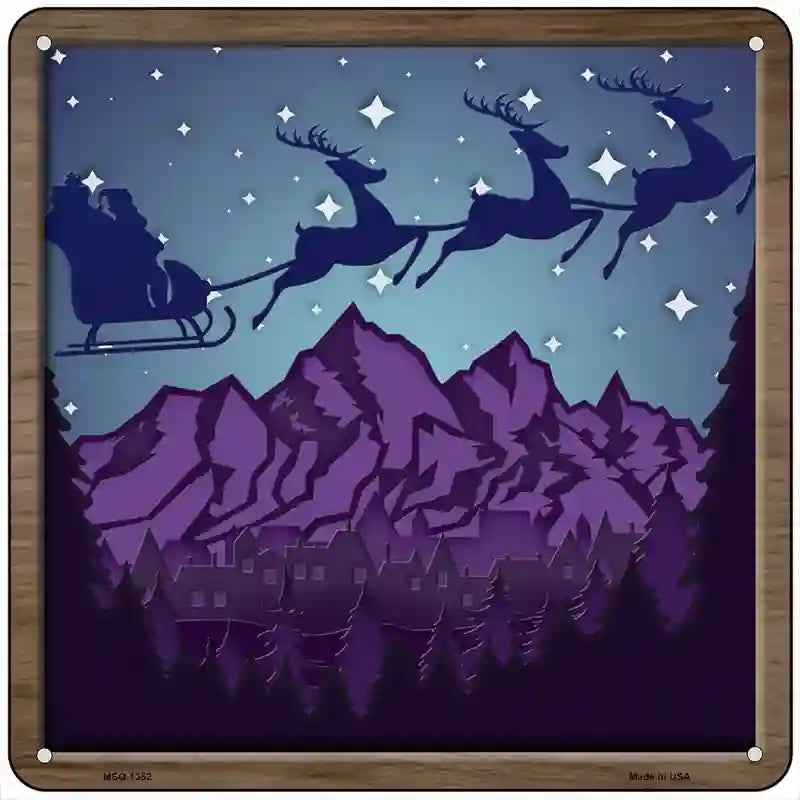 Santa Over Mountains Shadow Box Novelty Metal Square Sign 6" (MSQ)