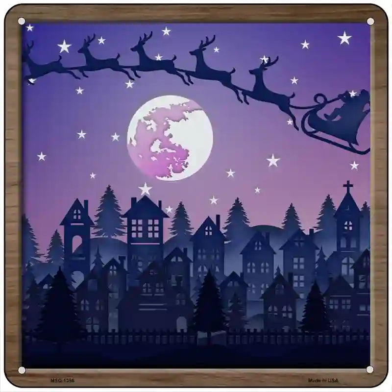 Santa Over Town Shadow Box Novelty Metal Square Sign 6" (MSQ)