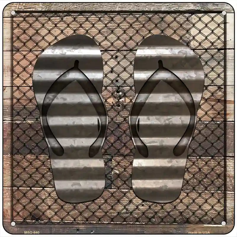 Corrugated Flip Flops on Wood Novelty Metal Square Sign 6" (MSQ)