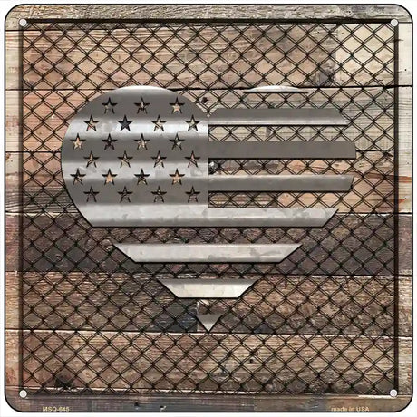 Corrugated American Flag Heart on Wood Novelty Metal Square Sign 6" (MSQ)