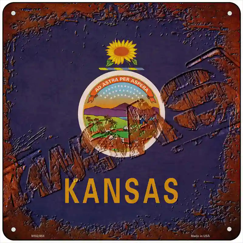 Kansas Rusty Stamped Novelty Metal Square Sign 6" (MSQ)