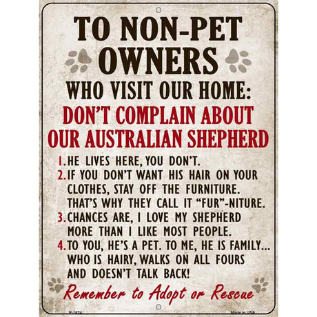 Non-Pet Owners Australian Shepherd Parking Sign Metal Novelty 9" x 12" (P)