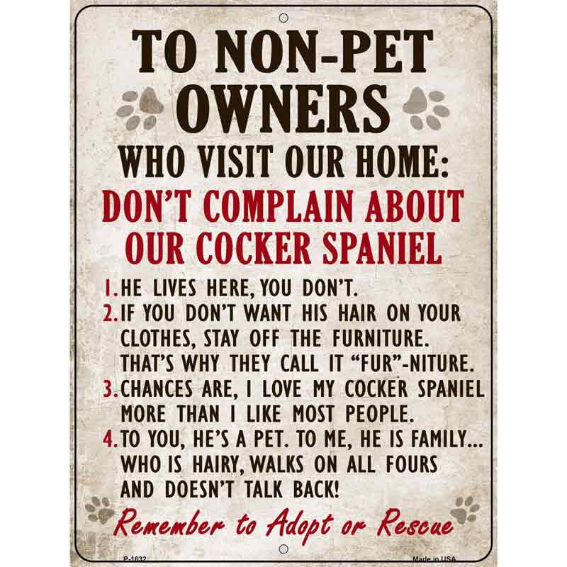 Non-Pet Owners Cocker Spaniel Parking Sign Metal Novelty 9" x 12" (P)