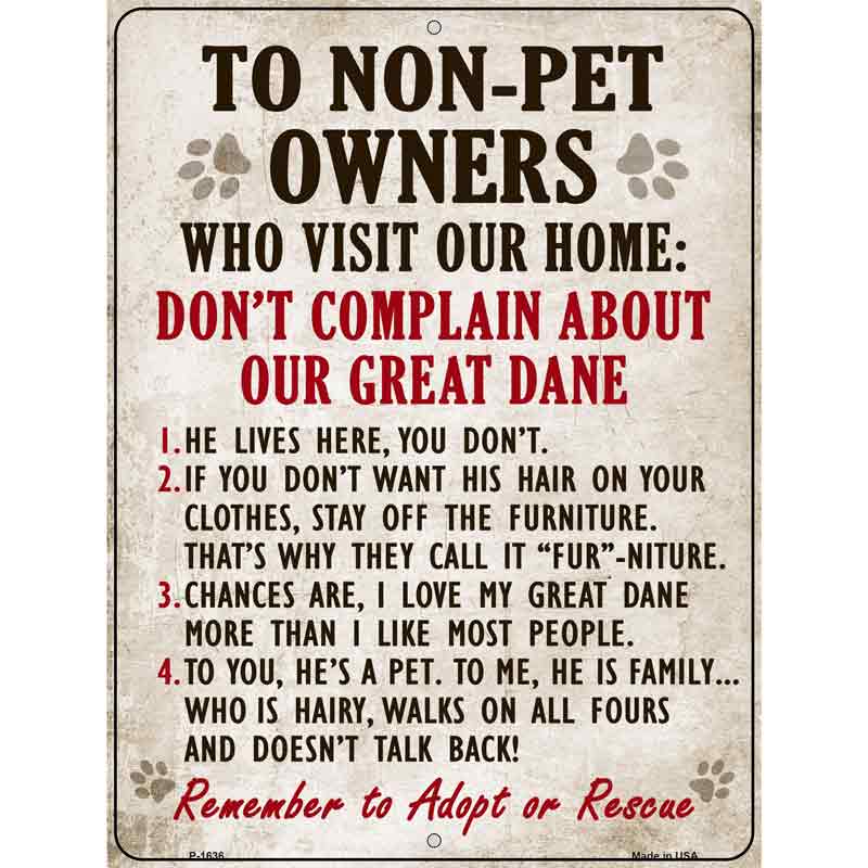 Non-Pet Owners Great Dane Parking Sign Metal Novelty 9" x 12" (P)