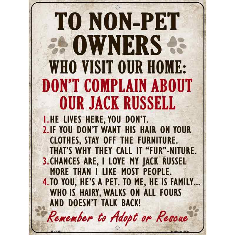 Non-Pet Owners Jack Russell Parking Sign Metal Novelty 9" x 12" (P)