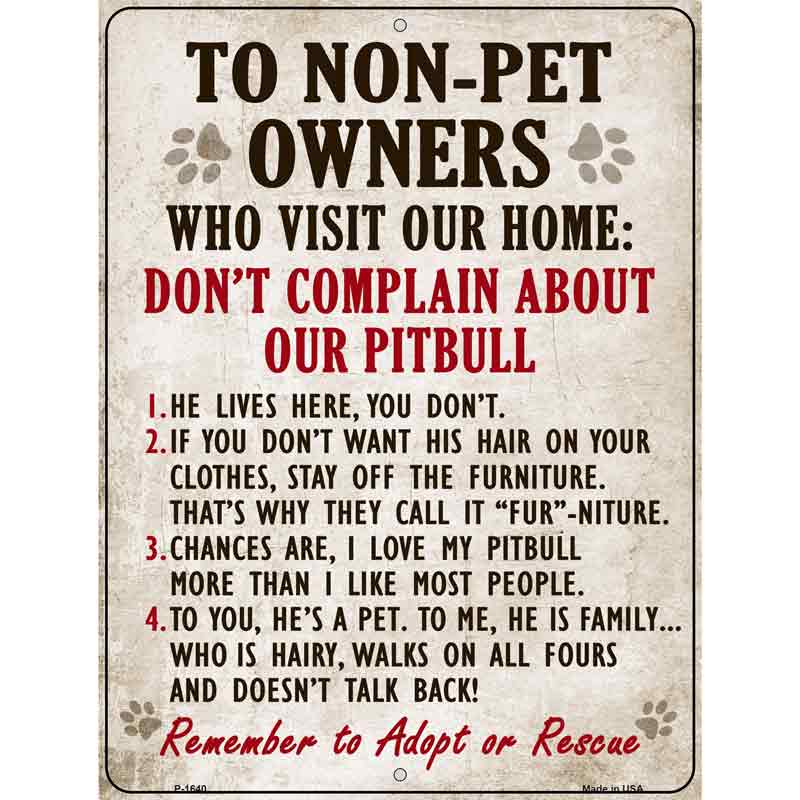 Non-Pet Owners Pitbull Parking Sign Metal Novelty 9" x 12" (P)