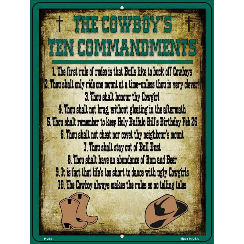 Cowboys Ten Commandments Green Novelty Metal Parking Sign 9" x 12" (P)