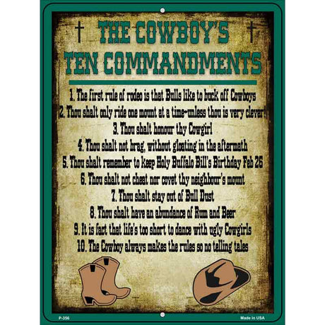 Cowboys Ten Commandments Green Novelty Metal Parking Sign 9" x 12" (P)