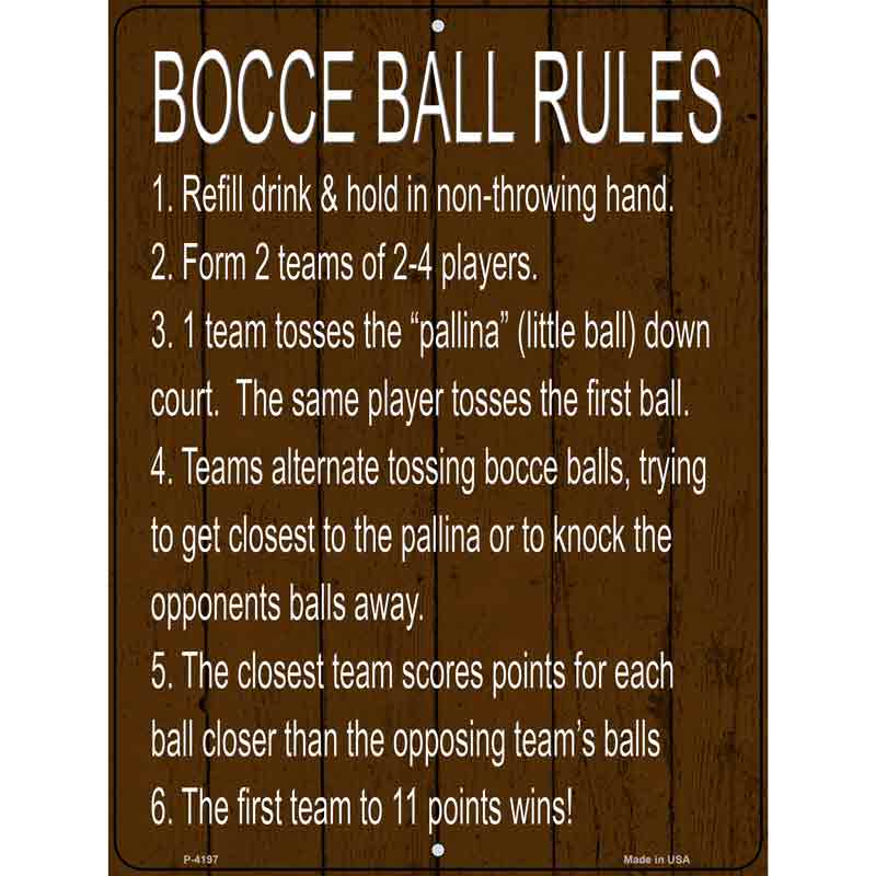 Bocce Ball 6 Rules Novelty Metal Parking Sign 9" x 12" (P)