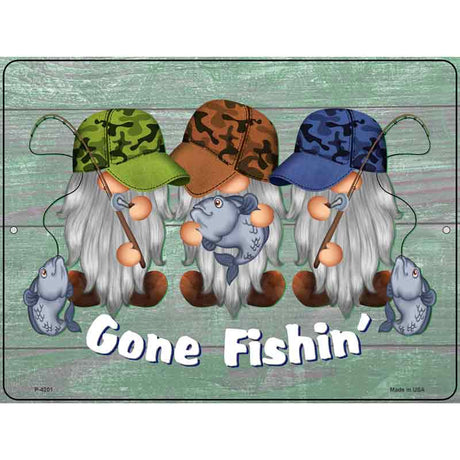 Gone Fishing Three Camo Gnomes Novelty Metal Parking Sign 9" x 12" (P)