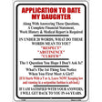 Application To Date My Daughter Metal Novelty Parking Sign 9" x 12" (P)