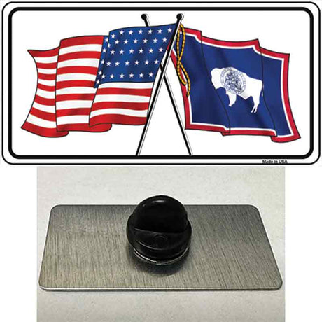 Wyoming Crossed US Flag Novelty Metal Hat Pin