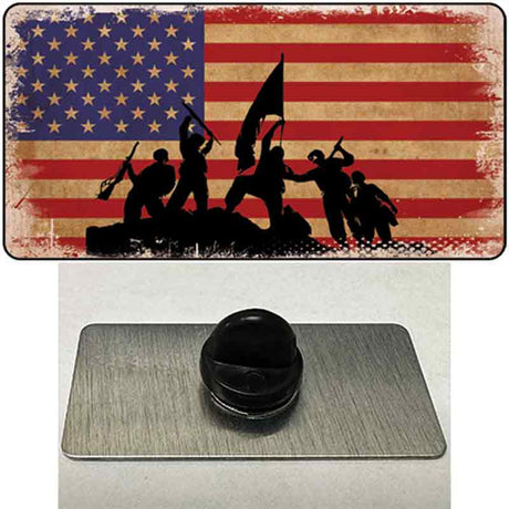 Grunge American Flag with Soldiers Novelty Metal Hat Pin Tag