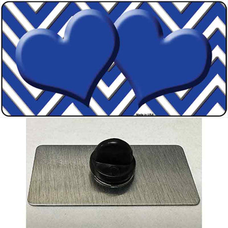 Blue White Large Chevron Blue Center Hearts Novelty Metal Hat Pin