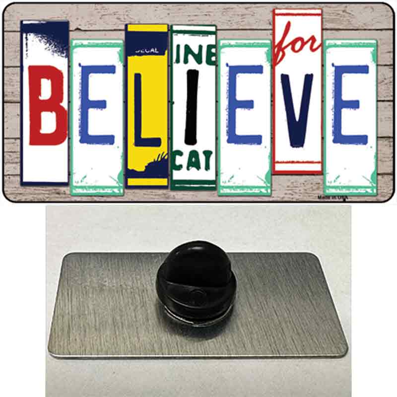 Believe License Plate Art Wood Novelty Metal Hat Pin