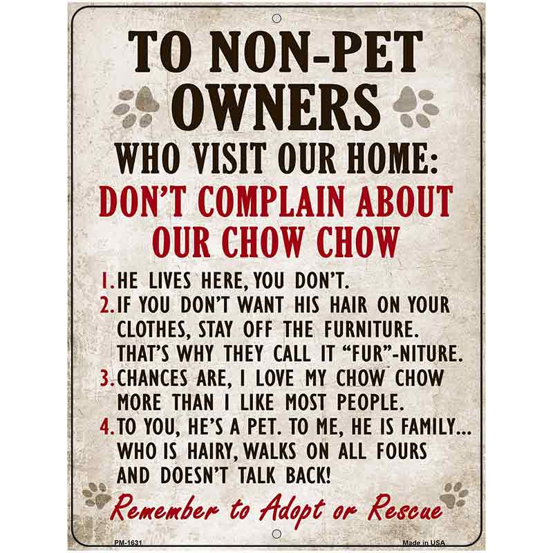 Non-Pet Owners Chow Chow Parking Sign Metal Novelty 4.5" x 6" (PM)