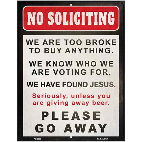 No Soliciting Go Away Novelty Metal Parking Sign 4.5" x 6" (PM)