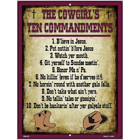 Cowgirls Ten Commandments Vertical Metal Novelty Parking Sign 4.5" x 6" (PM)