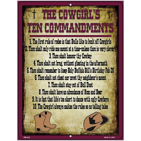 Cowgirls Ten Commandments Maroon Novelty Metal Parking Sign 4.5" x 6" (PM)